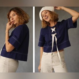 & Other Stories Lace Up Crop Top Nautical Retro Navy White Gold Women's 8